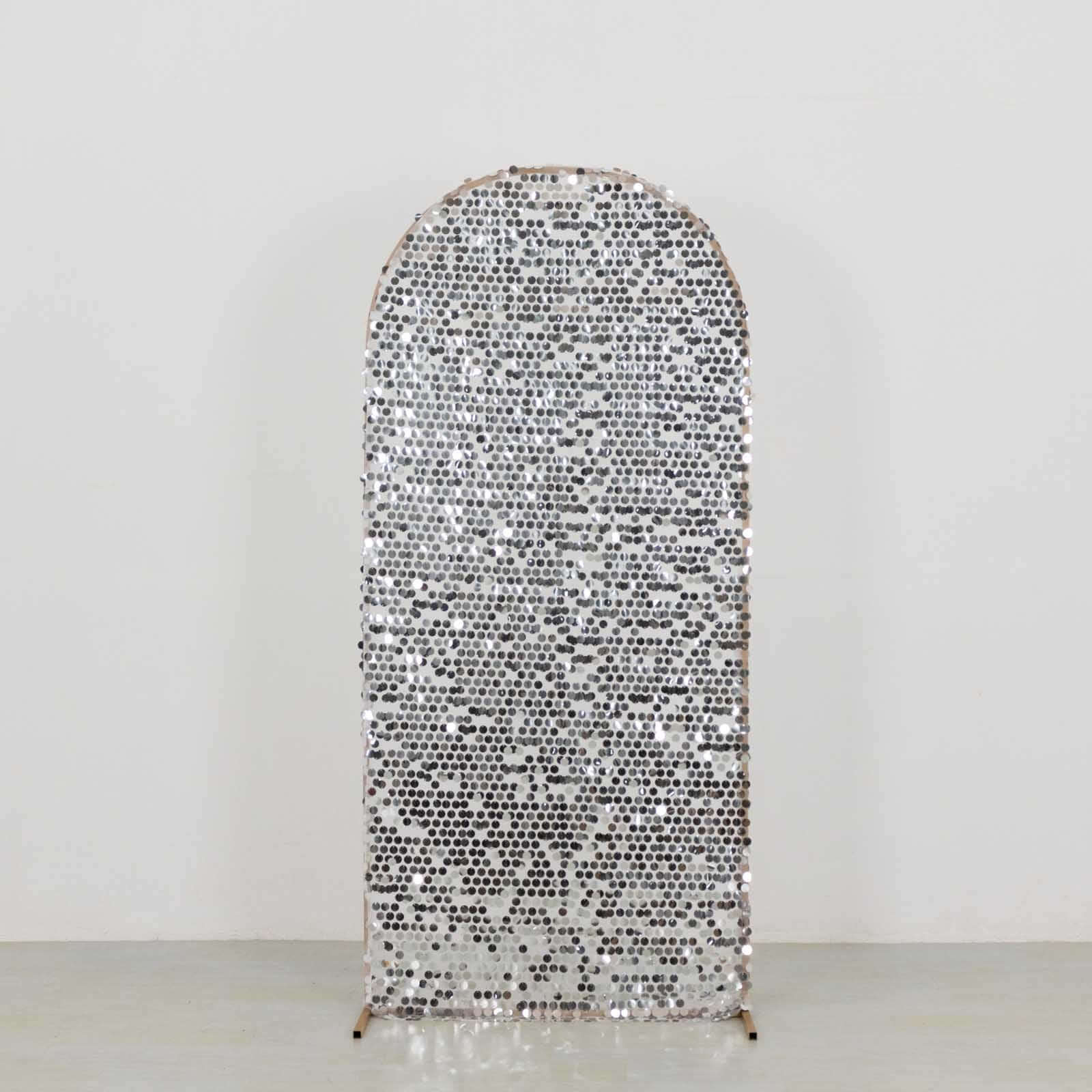 6ft Sparkly Silver Big Payette Sequin Fitted Wedding Arch Cover for Round Top Chiara Backdrop Stand - Bell Racket Store