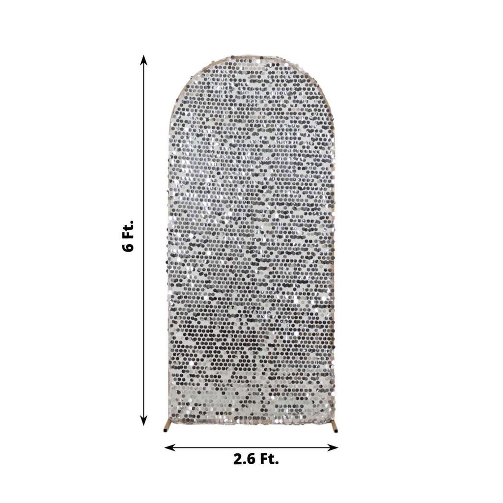 6ft Sparkly Silver Big Payette Sequin Fitted Wedding Arch Cover for Round Top Chiara Backdrop Stand - Bell Racket Store
