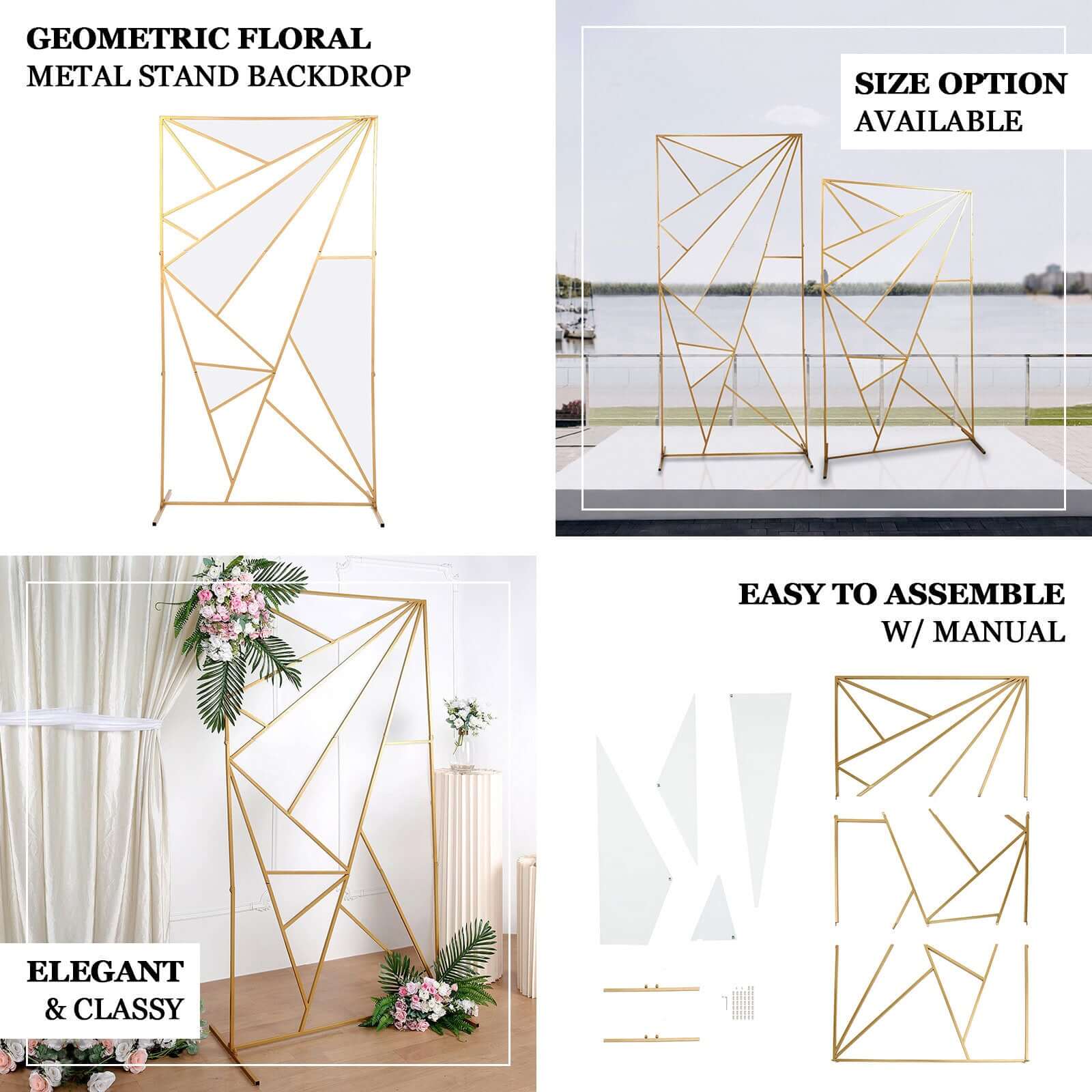 6ft Tall Gold Metal Rectangular Geometric Flower Frame Prop Stand, Wedding Backdrop Floor Stand With Cloudy Film Insert - Bell Racket Store