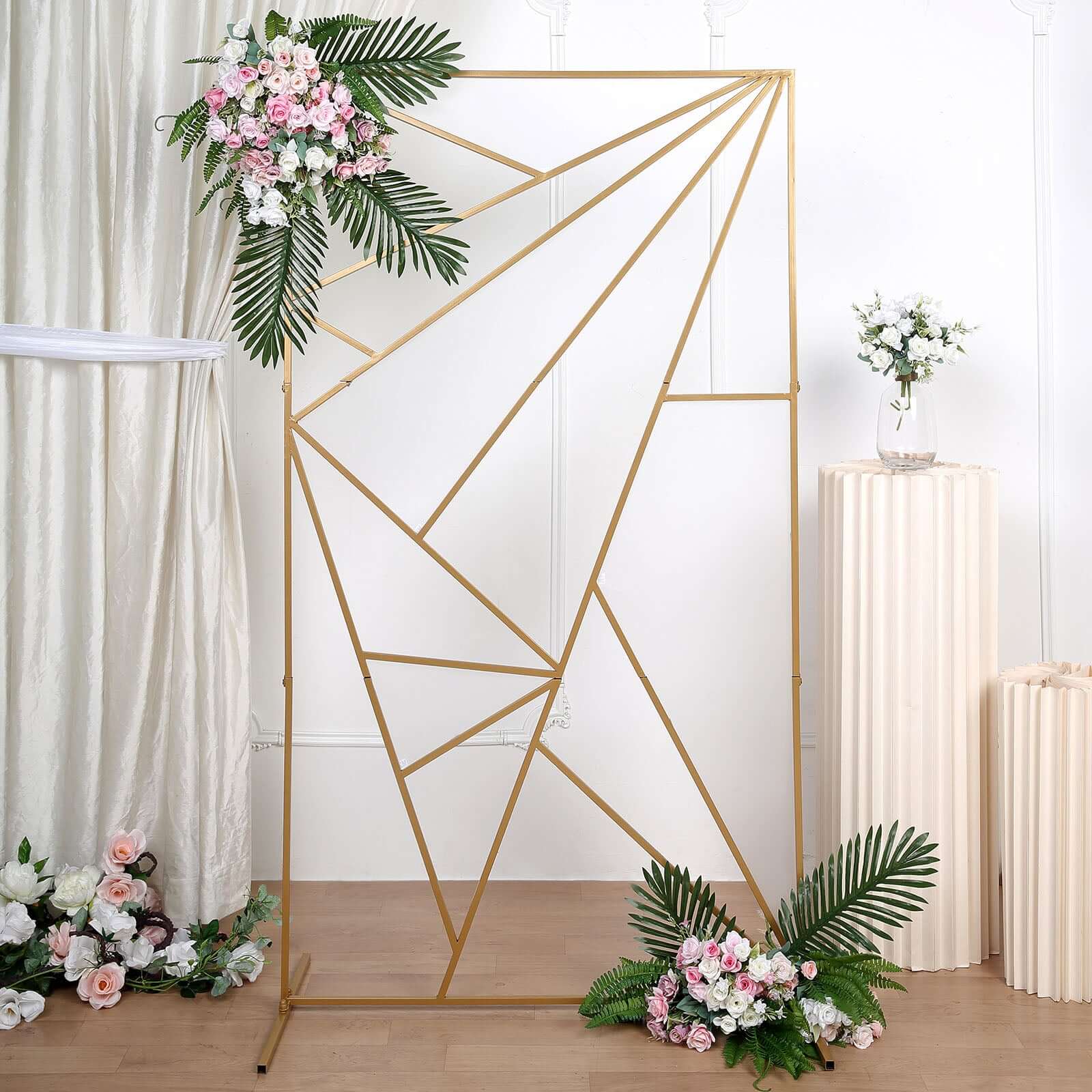 6ft Tall Gold Metal Rectangular Geometric Flower Frame Prop Stand, Wedding Backdrop Floor Stand With Cloudy Film Insert - Bell Racket Store