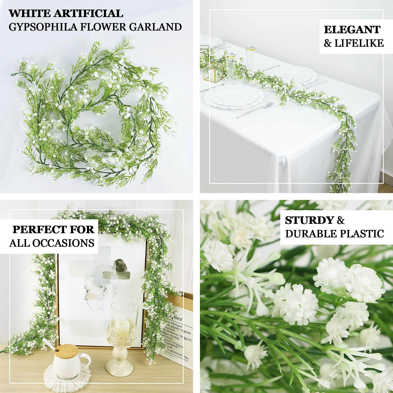 6ft White Real Touch Faux Baby Breath Hanging Flower Vines, Artificial Silk Gypsophila Table Flower Garland - Bell Racket Store