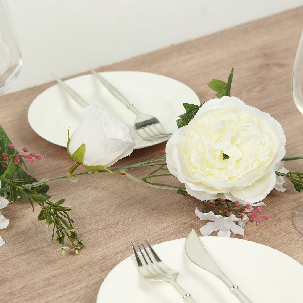 6ft White Silk Rose Peony Flower Garland, Mixed Floral Greenery Garland Artificial Hanging Vine - Bell Racket Store