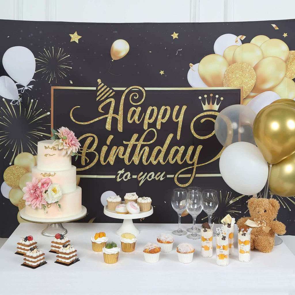 6ftx3ft Black Gold Happy Birthday Photo Booth Backdrop Decoration, Large Polyester Background Banner - Bell Racket Store