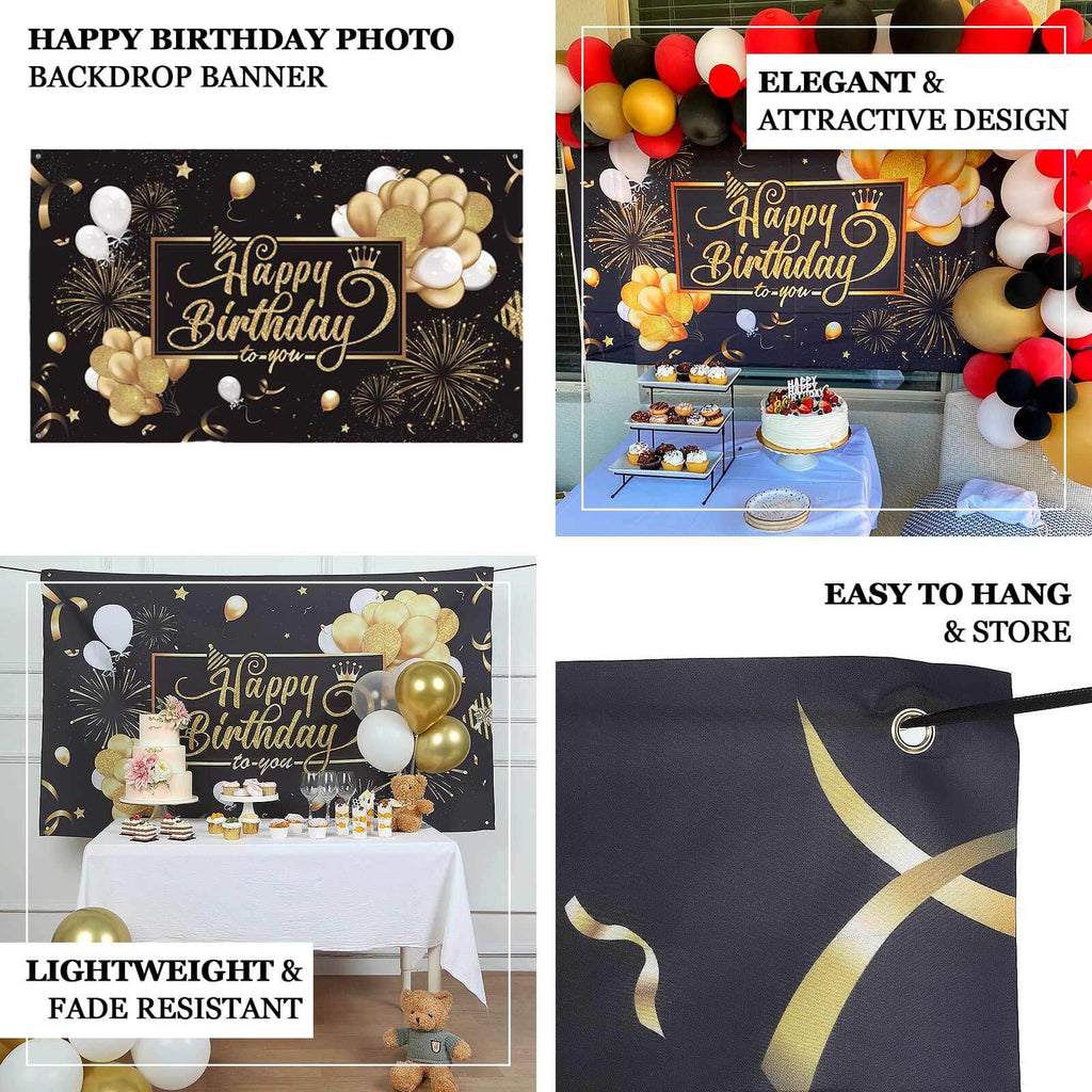 6ftx3ft Black Gold Happy Birthday Photo Booth Backdrop Decoration, Large Polyester Background Banner - Bell Racket Store