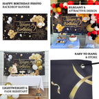 6ftx3ft Black Gold Happy Birthday Photo Booth Backdrop Decoration, Large Polyester Background Banner - Bell Racket Store