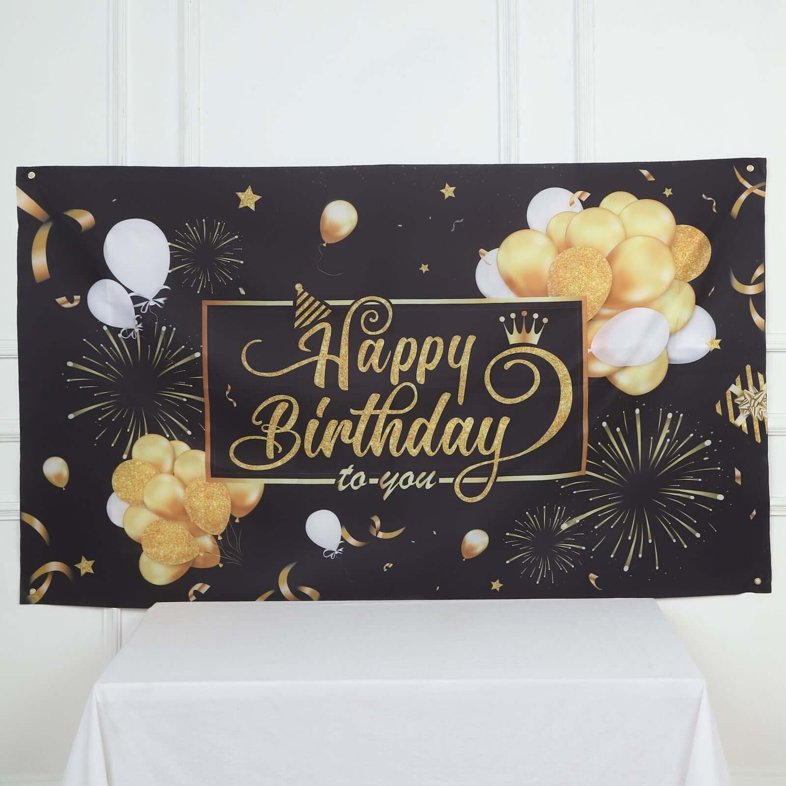 6ftx3ft Black Gold Happy Birthday Photo Booth Backdrop Decoration, Large Polyester Background Banner - Bell Racket Store