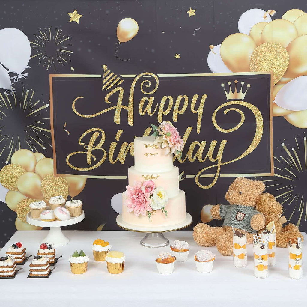 6ftx3ft Black Gold Happy Birthday Photo Booth Backdrop Decoration, Large Polyester Background Banner - Bell Racket Store