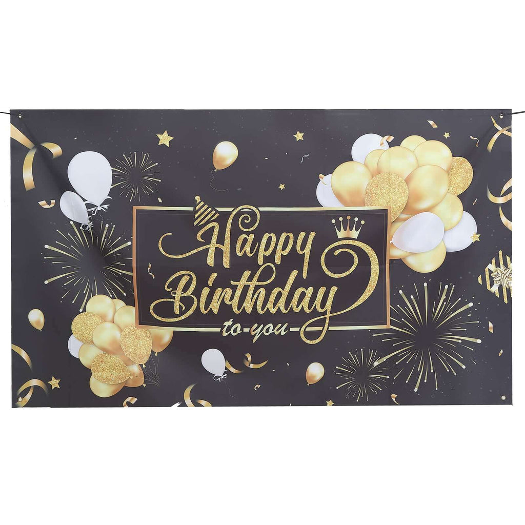 6ftx3ft Black Gold Happy Birthday Photo Booth Backdrop Decoration, Large Polyester Background Banner - Bell Racket Store