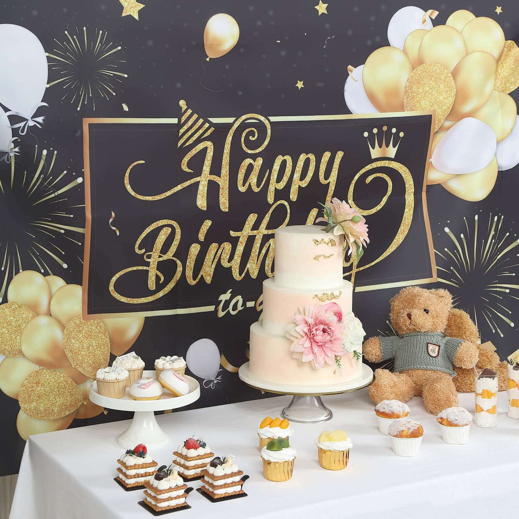 6ftx3ft Black Gold Happy Birthday Photo Booth Backdrop Decoration, Large Polyester Background Banner - Bell Racket Store