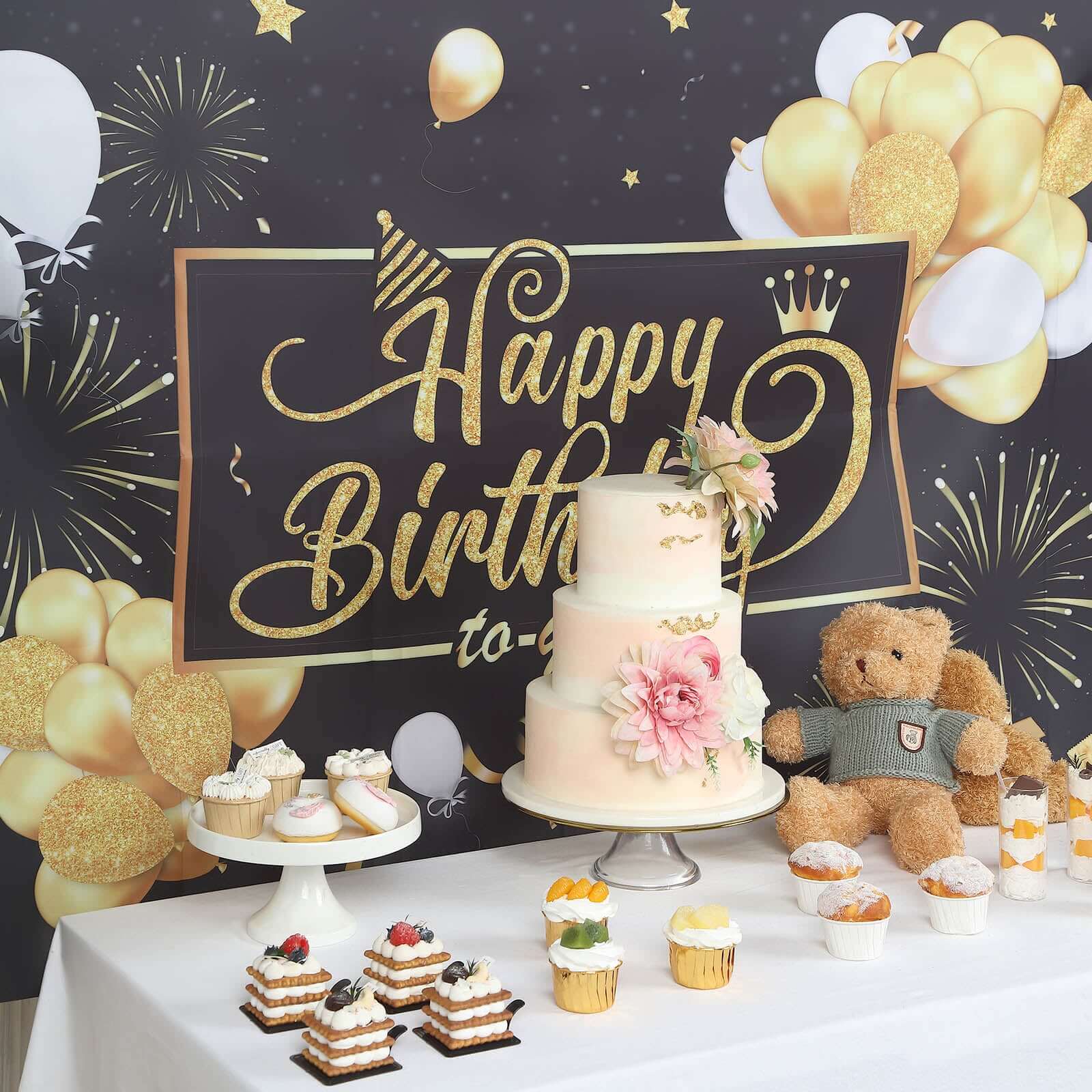 6ftx3ft Black Gold Happy Birthday Photo Booth Backdrop Decoration, Large Polyester Background Banner - Bell Racket Store