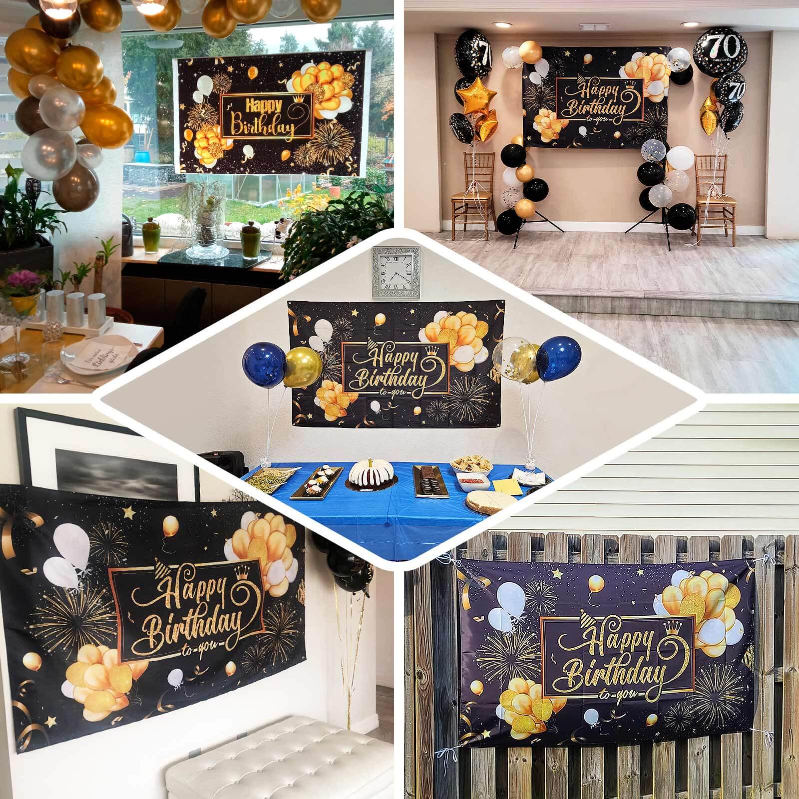 6ftx3ft Black Gold Happy Birthday Photo Booth Backdrop Decoration, Large Polyester Background Banner - Bell Racket Store
