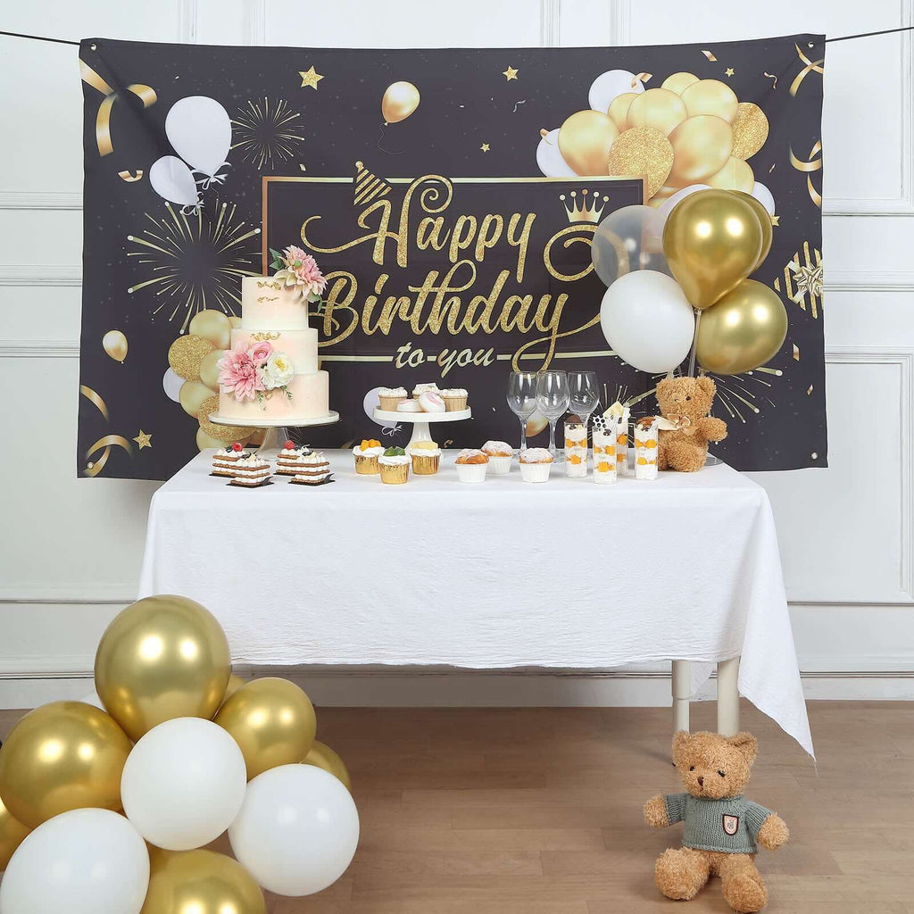 6ftx3ft Black Gold Happy Birthday Photo Booth Backdrop Decoration, Large Polyester Background Banner - Bell Racket Store
