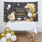 6ftx3ft Black Gold Happy Birthday Photo Booth Backdrop Decoration, Large Polyester Background Banner - Bell Racket Store