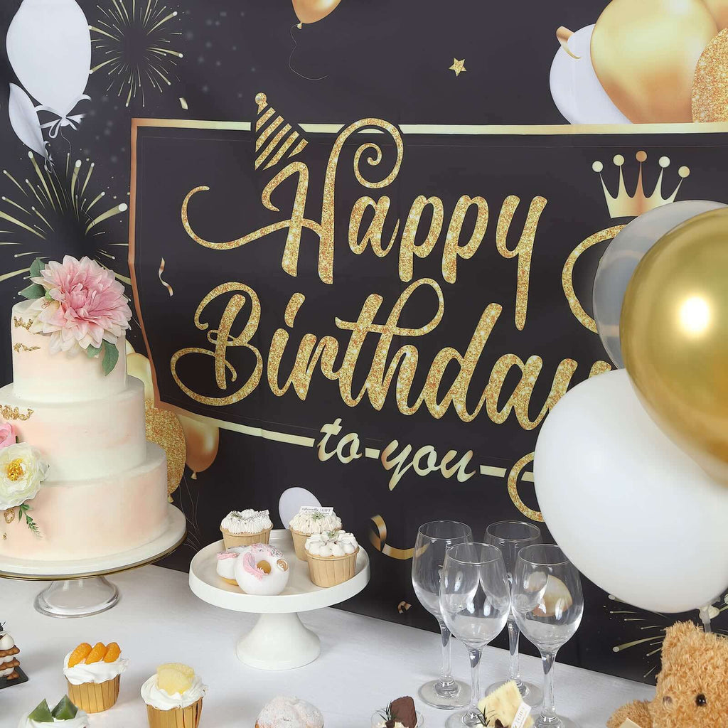 6ftx3ft Black Gold Happy Birthday Photo Booth Backdrop Decoration, Large Polyester Background Banner - Bell Racket Store