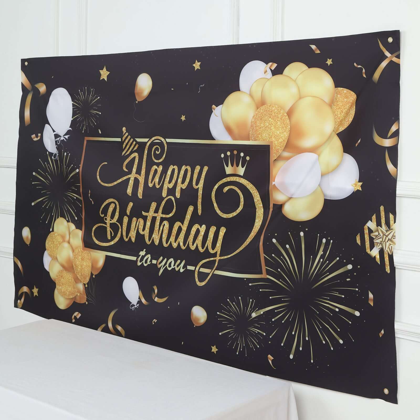 6ftx3ft Black Gold Happy Birthday Photo Booth Backdrop Decoration, Large Polyester Background Banner - Bell Racket Store