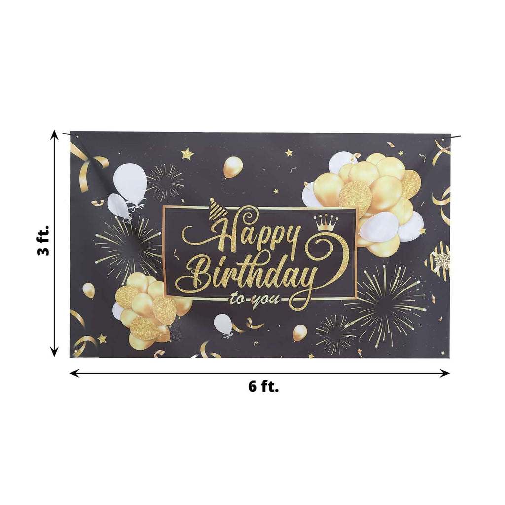 6ftx3ft Black Gold Happy Birthday Photo Booth Backdrop Decoration, Large Polyester Background Banner - Bell Racket Store