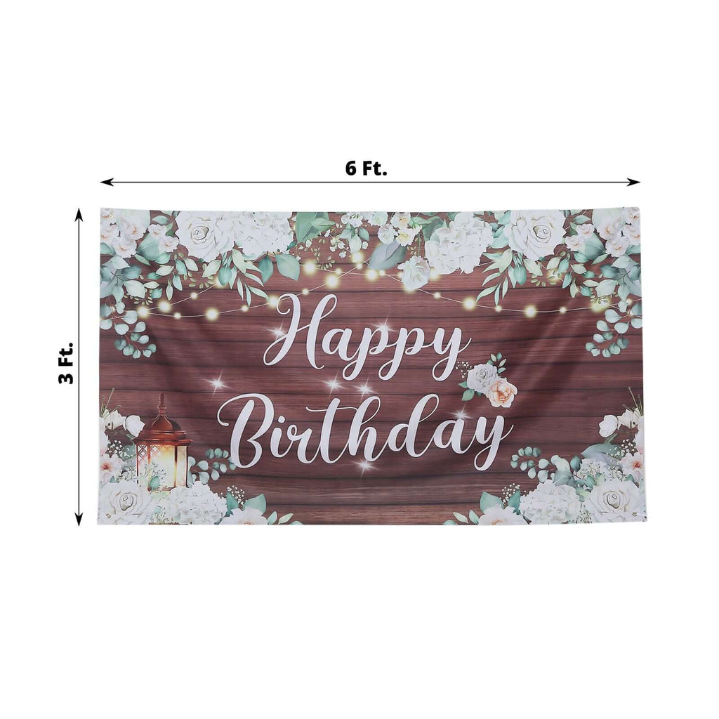 6ftx3ft White Brown Rustic Wood Floral Happy Birthday Photo Backdrop, Large Polyester Background Banner - Bell Racket Store