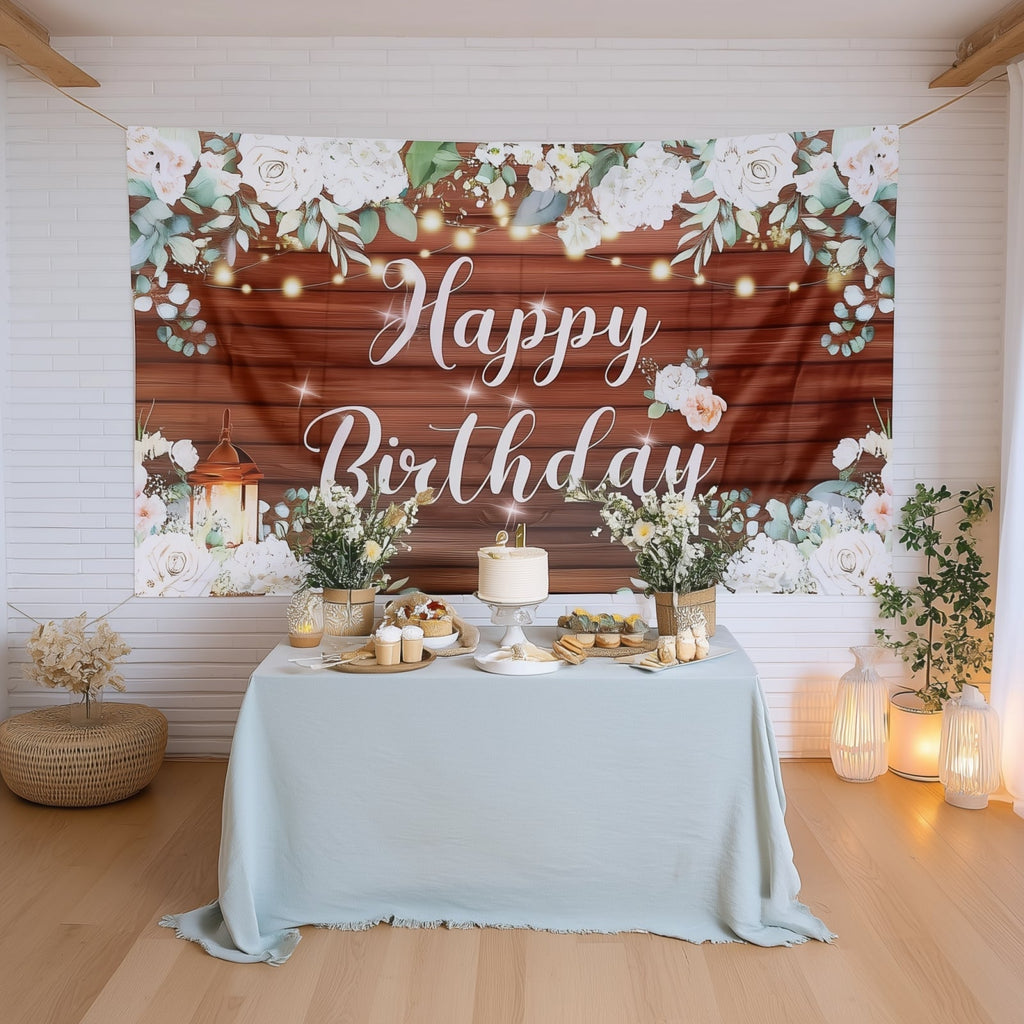 6ftx3ft White Brown Rustic Wood Floral Happy Birthday Photo Backdrop, Large Polyester Background Banner - Bell Racket Store