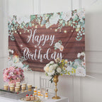 6ftx3ft White Brown Rustic Wood Floral Happy Birthday Photo Backdrop, Large Polyester Background Banner - Bell Racket Store