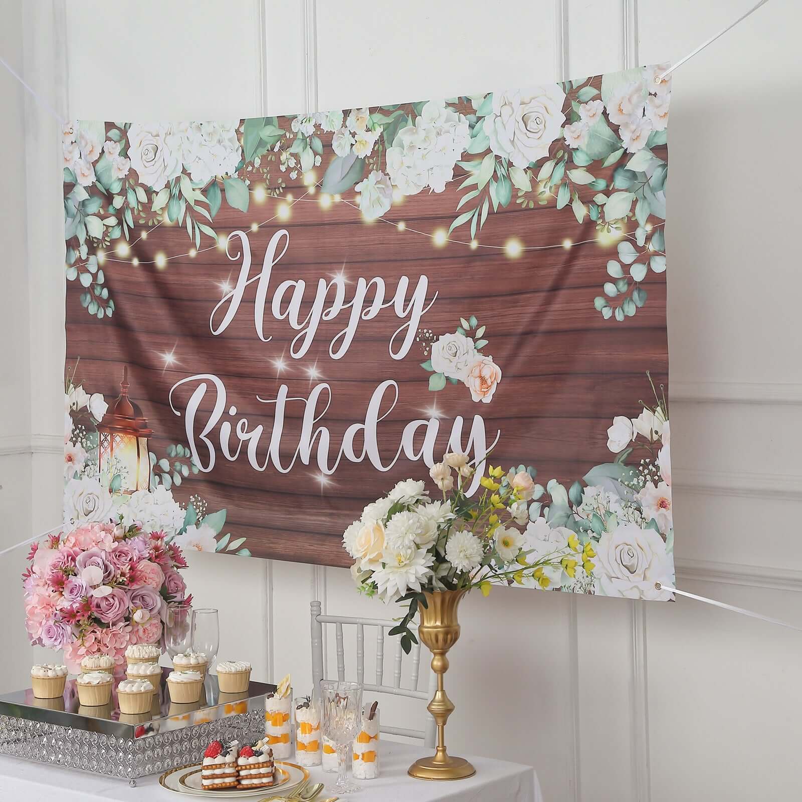6ftx3ft White Brown Rustic Wood Floral Happy Birthday Photo Backdrop, Large Polyester Background Banner - Bell Racket Store