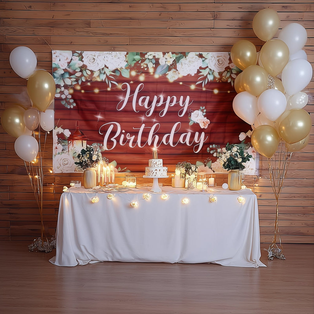 6ftx3ft White Brown Rustic Wood Floral Happy Birthday Photo Backdrop, Large Polyester Background Banner - Bell Racket Store