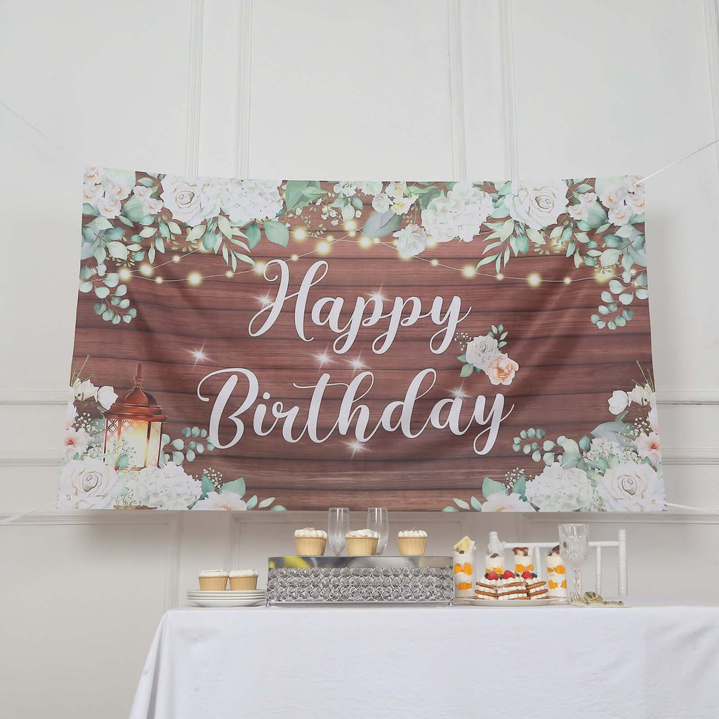 6ftx3ft White Brown Rustic Wood Floral Happy Birthday Photo Backdrop, Large Polyester Background Banner - Bell Racket Store