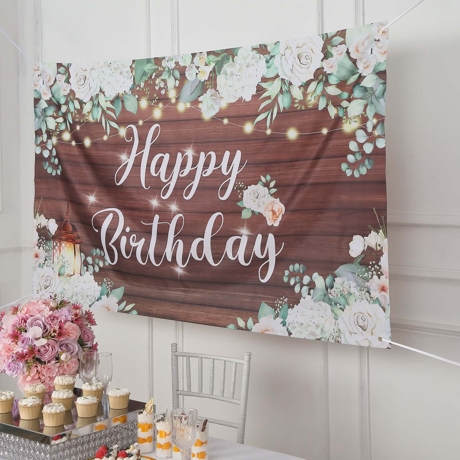 6ftx3ft White Brown Rustic Wood Floral Happy Birthday Photo Backdrop, Large Polyester Background Banner - Bell Racket Store