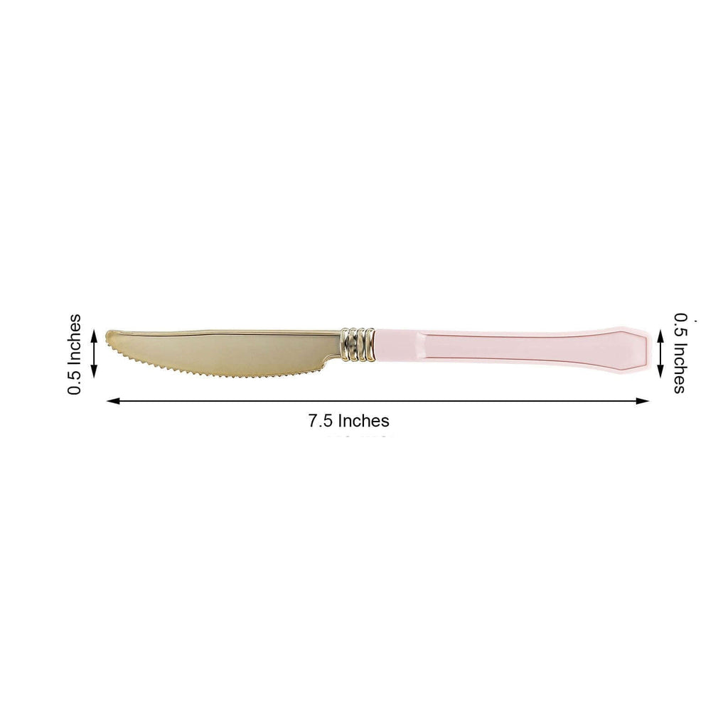 24 Pack Gold 7.5" Heavy Duty Plastic Knives with Blush Handle, Disposable Silverware