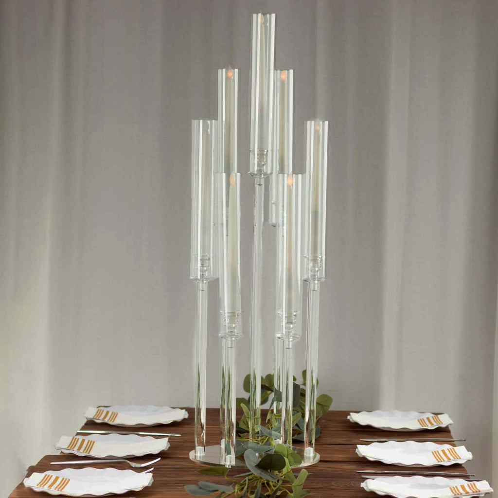 7 - Arm Round Cluster Acrylic Candelabra Clear with Circular Base - Sleek Taper Candle Holder Table Centerpiece for Pillar Candles 33" - Bell Racket Store