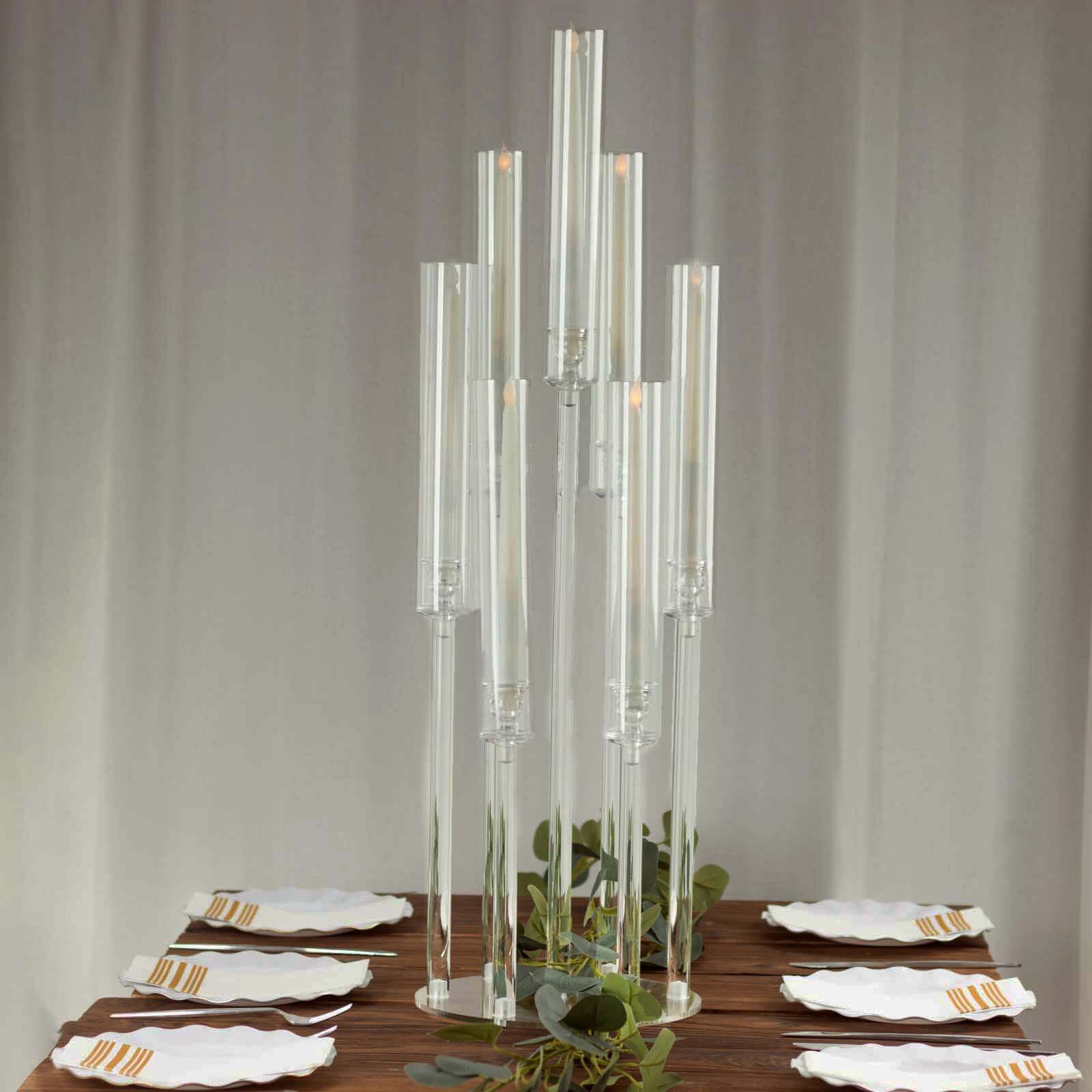 7 - Arm Round Cluster Acrylic Candelabra Clear with Circular Base - Sleek Taper Candle Holder Table Centerpiece for Pillar Candles 33" - Bell Racket Store