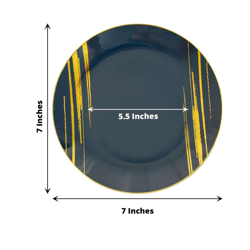 10-Pack Plastic 7" Round Dessert Plates in Navy Blue with Gold Brush Stroked Print - Disposable Appetizer Salad Plates