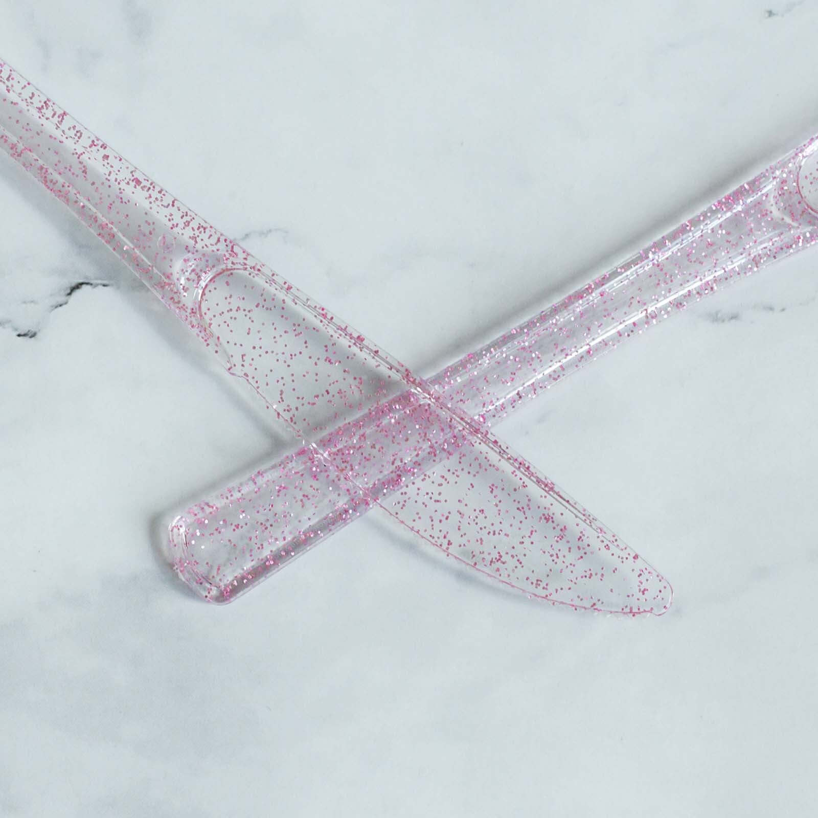 25-Pack Plastic Knives Transparent Blush Glitter Classic Heavy Duty - Decorative Disposable Cutlery 7"