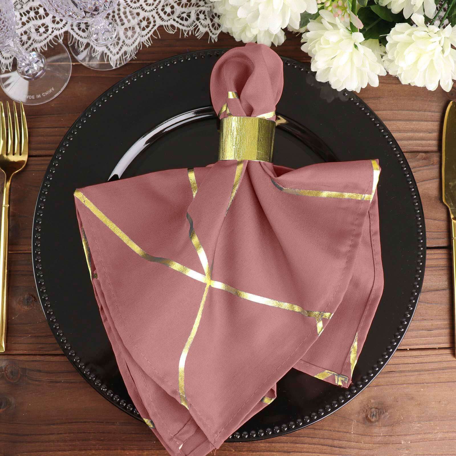 5 Pack Polyester 20"x20" Napkins Cinnamon Rose with Gold Geometric Foil Pattern - Modern Reusable Dinner Napkins