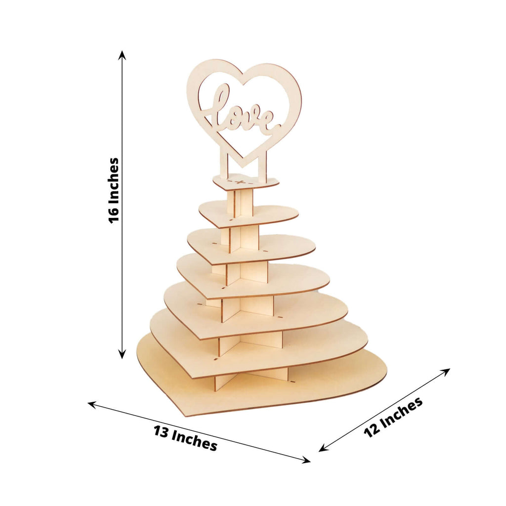 7 - Tier Wooden Chocolate Display Stand Heart Shape Natural with "Love" Topper - DIY Dessert Table Tower Rack 16" - Bell Racket Store