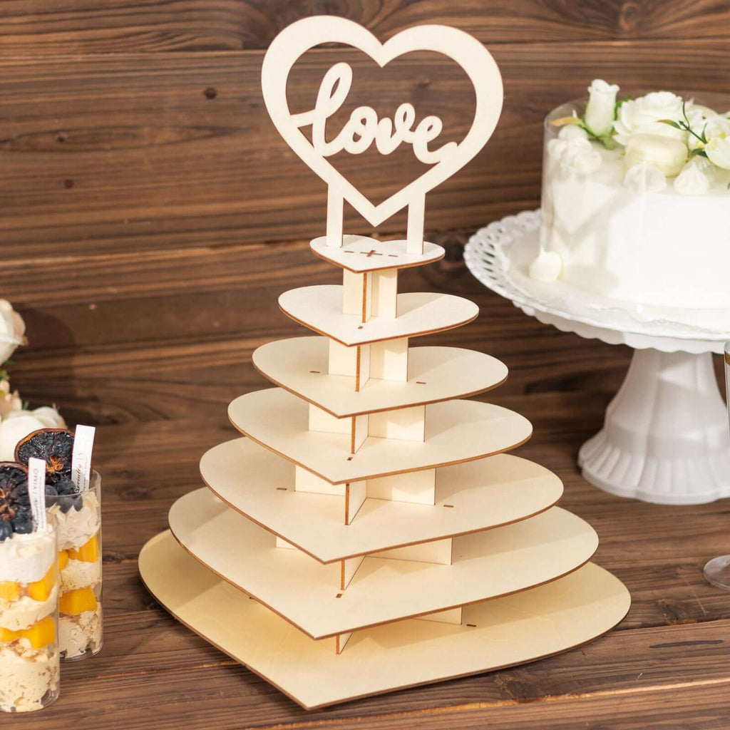 7 - Tier Wooden Chocolate Display Stand Heart Shape Natural with "Love" Topper - DIY Dessert Table Tower Rack 16" - Bell Racket Store