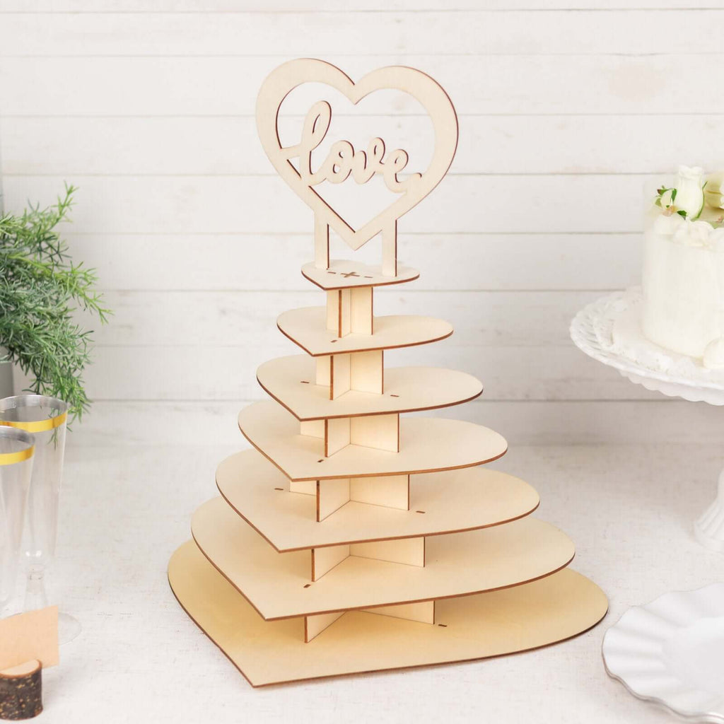 7 - Tier Wooden Chocolate Display Stand Heart Shape Natural with "Love" Topper - DIY Dessert Table Tower Rack 16" - Bell Racket Store