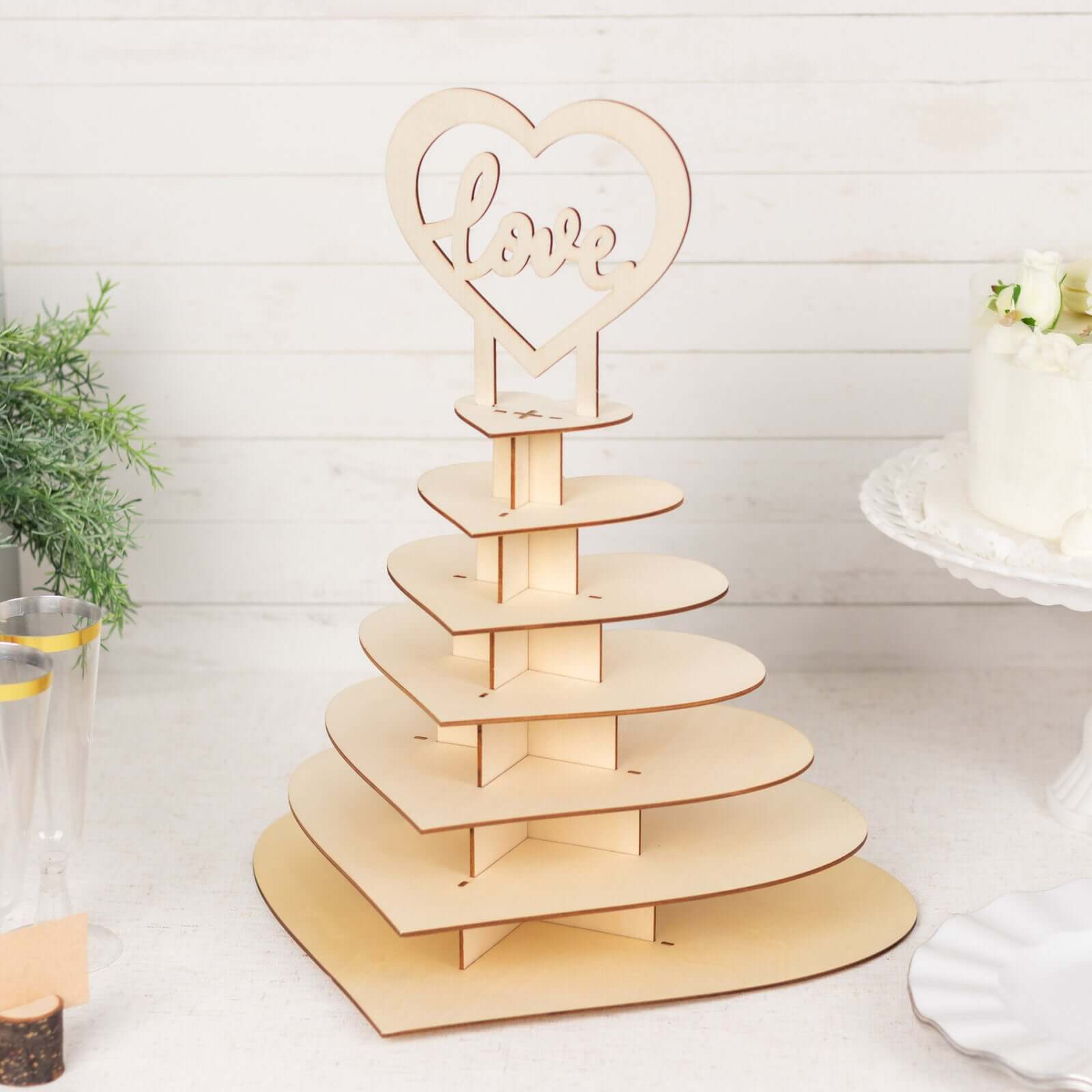 7 - Tier Wooden Chocolate Display Stand Heart Shape Natural with "Love" Topper - DIY Dessert Table Tower Rack 16" - Bell Racket Store