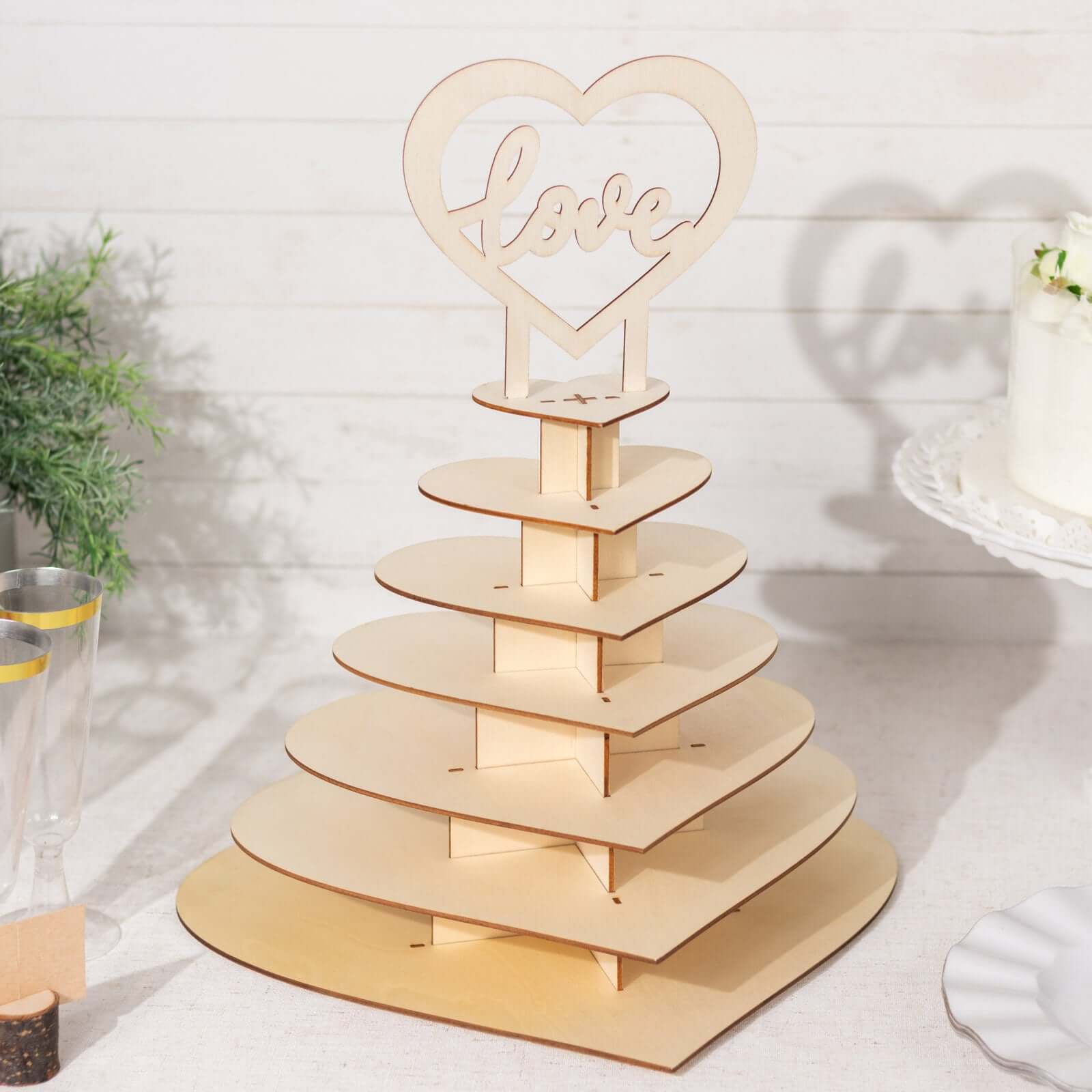 7 - Tier Wooden Chocolate Display Stand Heart Shape Natural with "Love" Topper - DIY Dessert Table Tower Rack 16" - Bell Racket Store