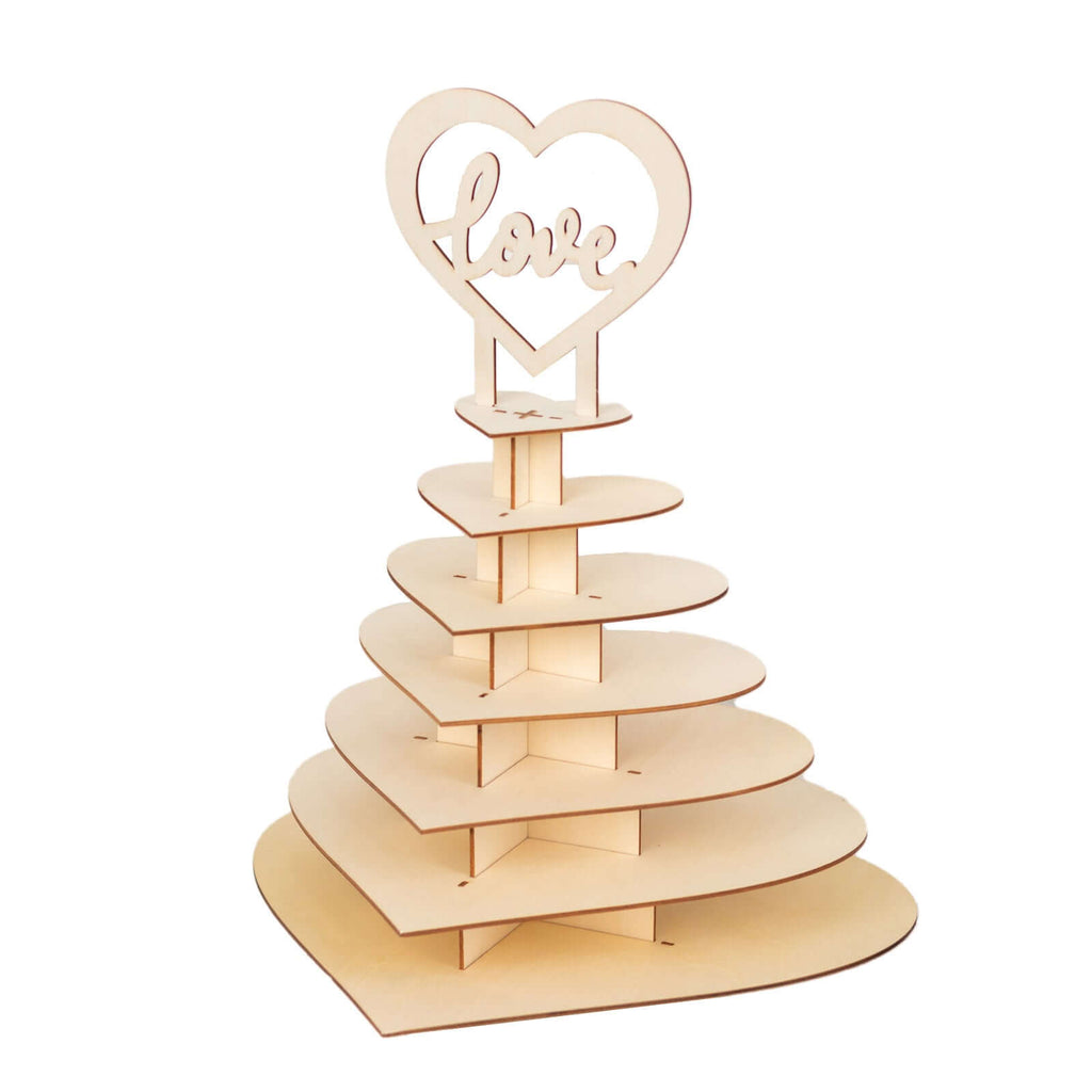 7 - Tier Wooden Chocolate Display Stand Heart Shape Natural with "Love" Topper - DIY Dessert Table Tower Rack 16" - Bell Racket Store