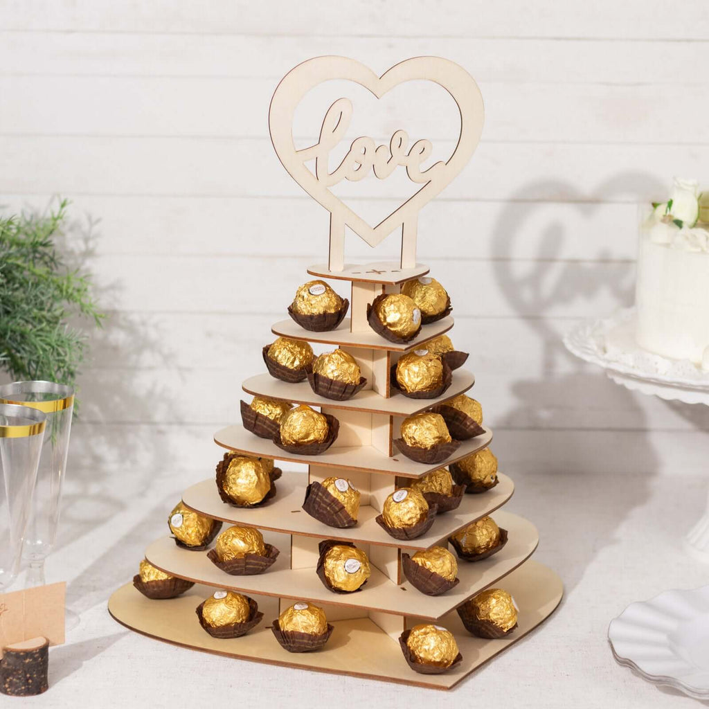 7 - Tier Wooden Chocolate Display Stand Heart Shape Natural with "Love" Topper - DIY Dessert Table Tower Rack 16" - Bell Racket Store