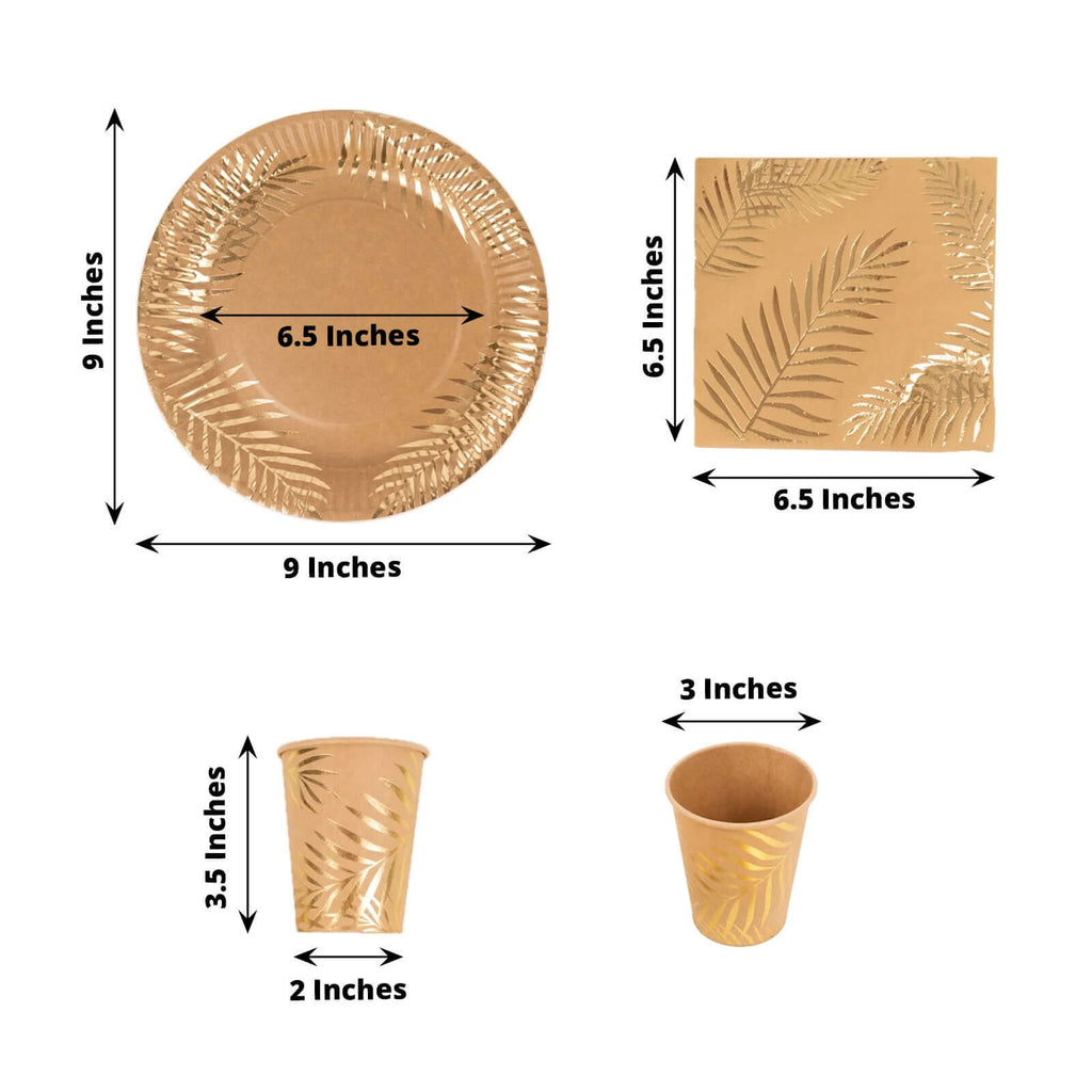 72 Pcs Paper Dinnerware Set with Gold Foil Palm Leaves Print Natural - Disposable Tableware Combo - Pack with Plates and Cups - Bell Racket Store