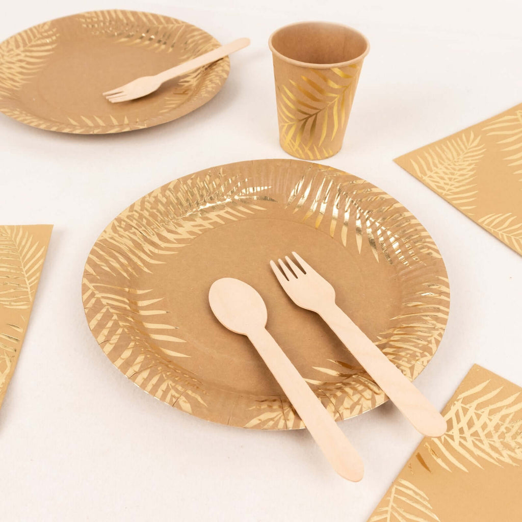 72 Pcs Paper Dinnerware Set with Gold Foil Palm Leaves Print Natural - Disposable Tableware Combo - Pack with Plates and Cups - Bell Racket Store