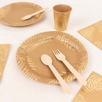 72 Pcs Paper Dinnerware Set with Gold Foil Palm Leaves Print Natural - Disposable Tableware Combo - Pack with Plates and Cups - Bell Racket Store