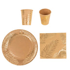 72 Pcs Paper Dinnerware Set with Gold Foil Palm Leaves Print Natural - Disposable Tableware Combo - Pack with Plates and Cups - Bell Racket Store