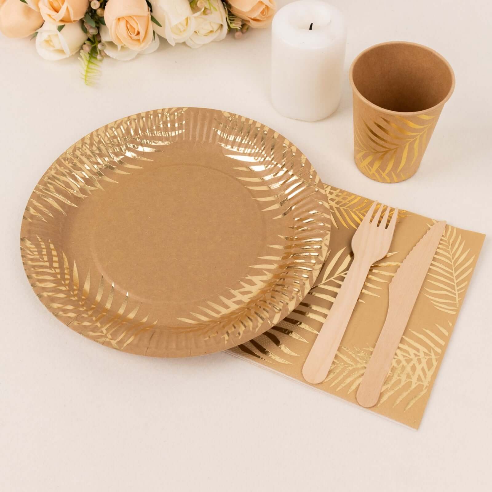 72 Pcs Paper Dinnerware Set with Gold Foil Palm Leaves Print Natural - Disposable Tableware Combo - Pack with Plates and Cups - Bell Racket Store