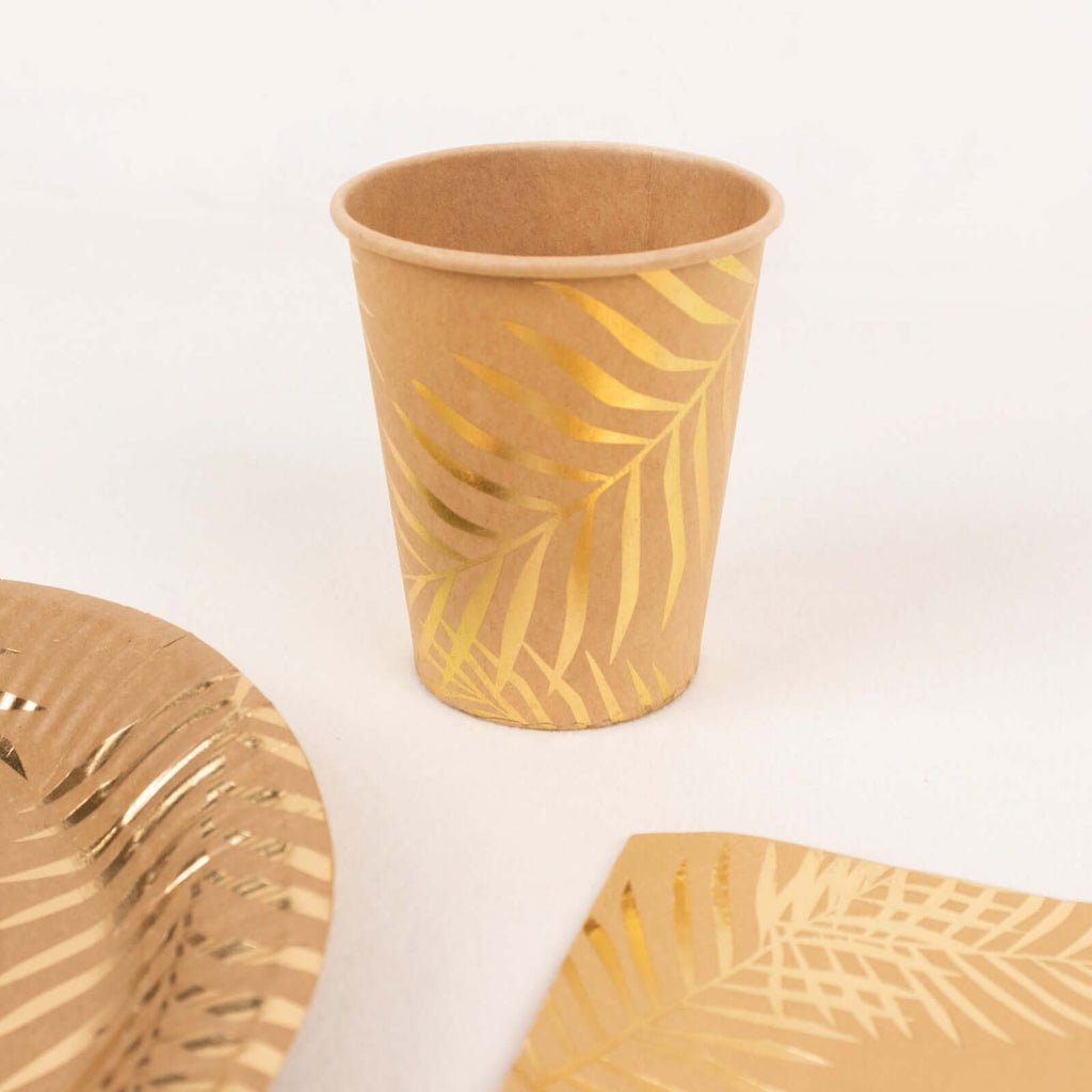 72 Pcs Paper Dinnerware Set with Gold Foil Palm Leaves Print Natural - Disposable Tableware Combo - Pack with Plates and Cups - Bell Racket Store