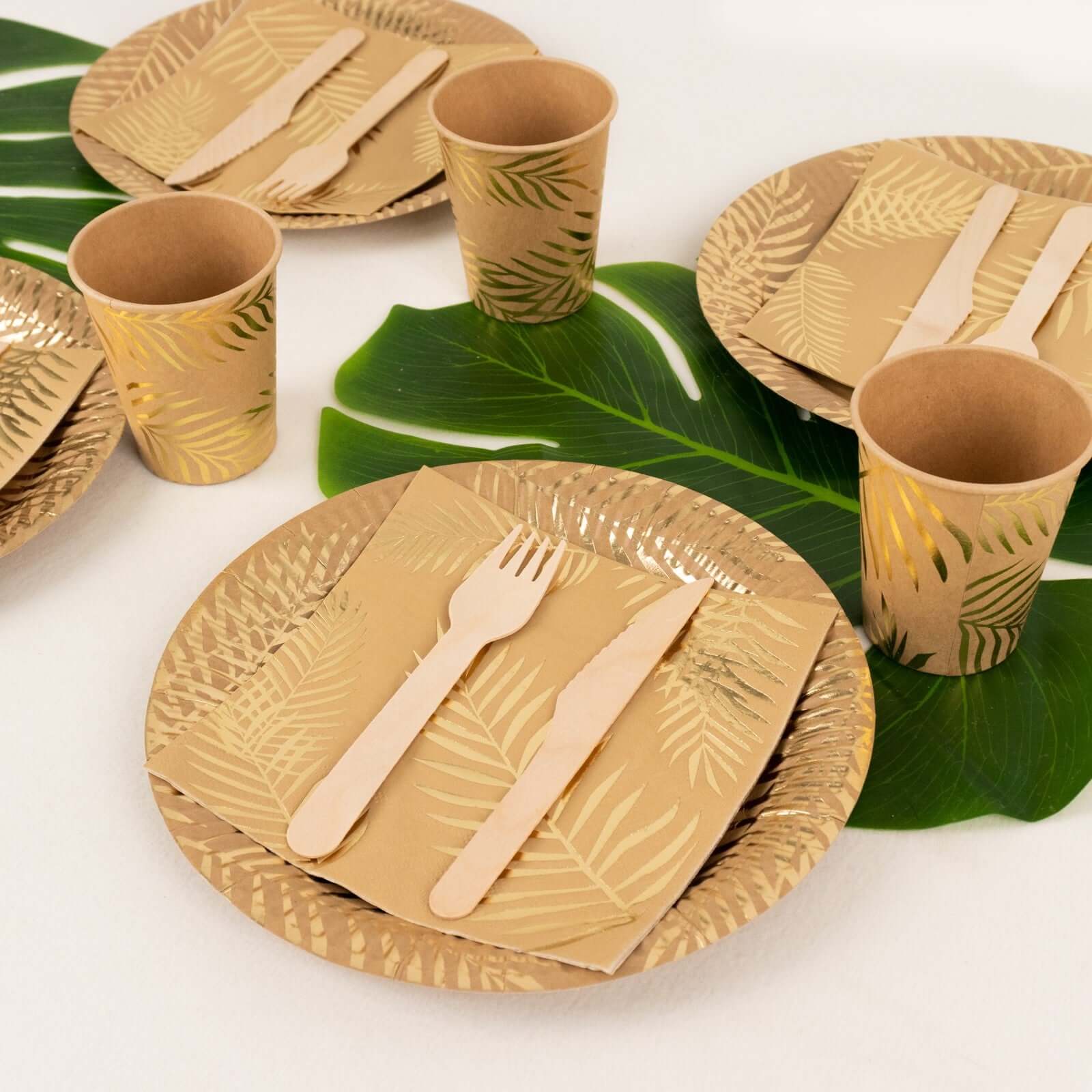 72 Pcs Paper Dinnerware Set with Gold Foil Palm Leaves Print Natural - Disposable Tableware Combo - Pack with Plates and Cups - Bell Racket Store