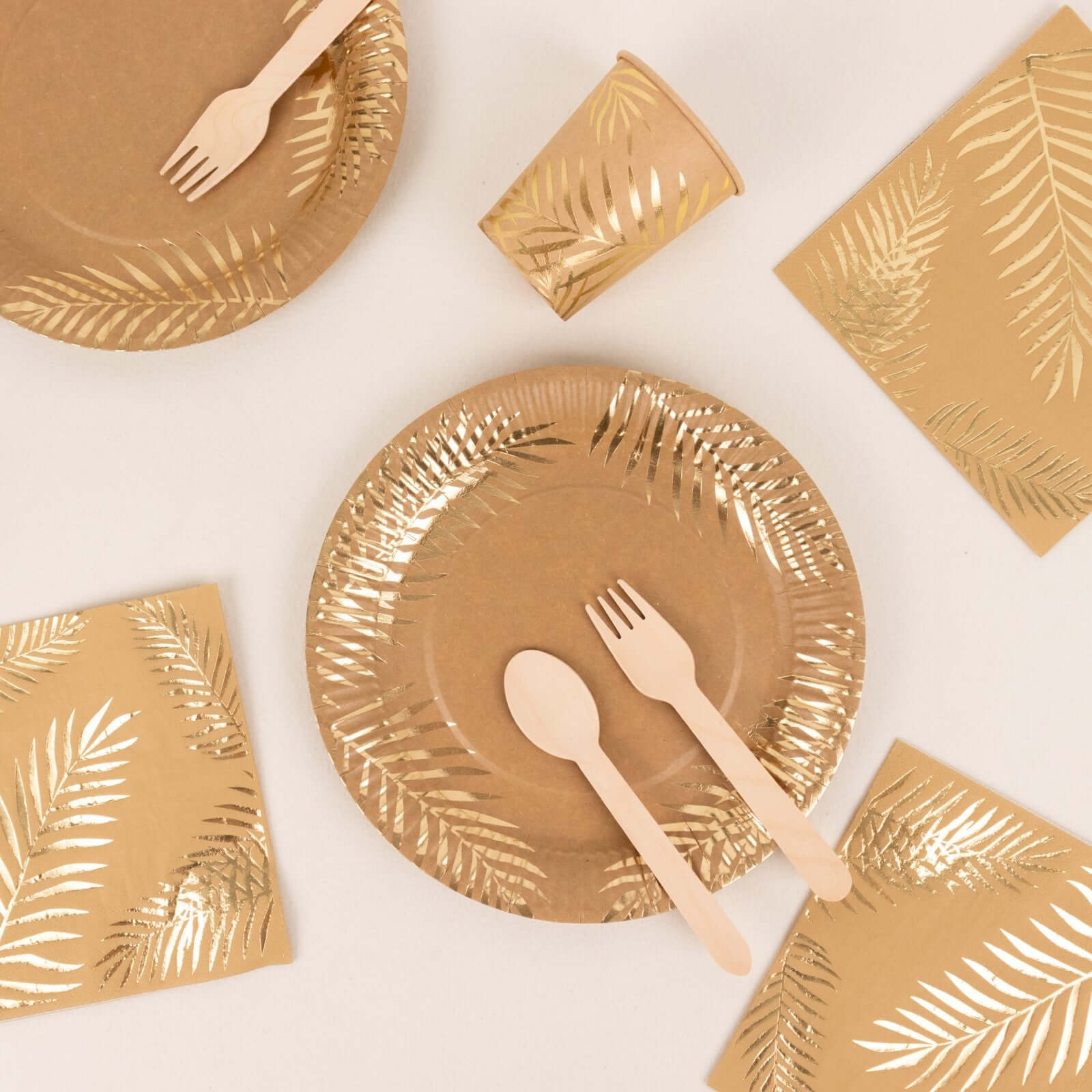 72 Pcs Paper Dinnerware Set with Gold Foil Palm Leaves Print Natural - Disposable Tableware Combo - Pack with Plates and Cups - Bell Racket Store