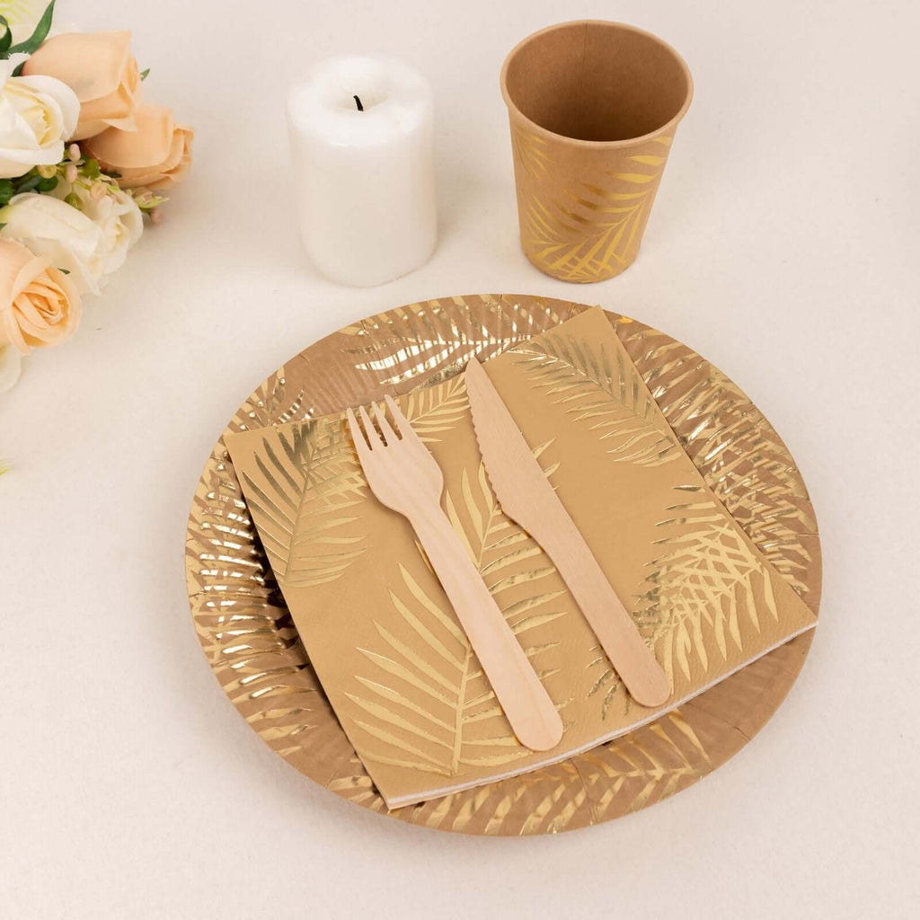 72 Pcs Paper Dinnerware Set with Gold Foil Palm Leaves Print Natural - Disposable Tableware Combo - Pack with Plates and Cups - Bell Racket Store