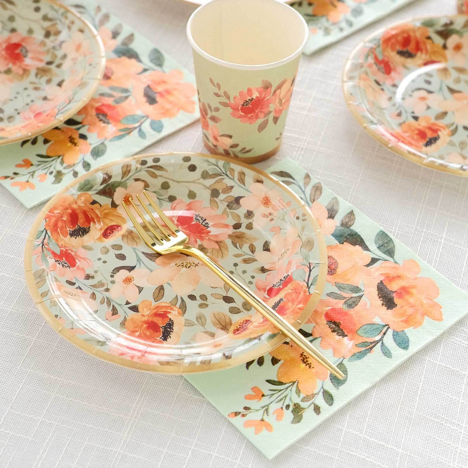 72 Pcs Paper Dinnerware Set with Pink Floral Print Sage Green - Disposable Tableware Combo - Pack with Plates and Cups - Bell Racket Store